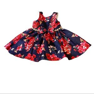 Easter Party Dress Couture Princess Red Floral Size 2T Beautiful! Bows Pearls.
